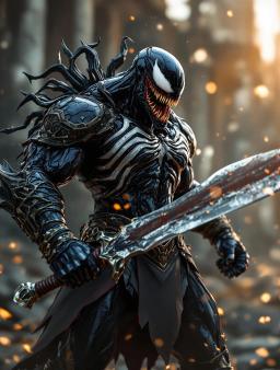 In a stunning photorealistic portrayal, Venom as a DnD Barbarian exudes raw power. Wielding a symbiote-infused sword and axe, he stands fierce with intricate details and dynamic effects illuminating his muscular form. The high-definition artwork captures the essence of chaos and strength, embodying the barbarian spirit.