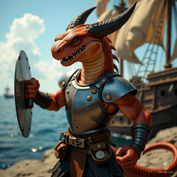 Luna is a half-kobold, half-goloma fighter, exuding confidence with muscular build and shiny copper-black scales. In a dynamic pose, they raise a steel shield defensively, jaws bared in a fierce snarl, revealing dragon-like fangs. Eight spider-like eyes glint with determination, ready to face any challenge.