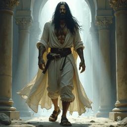 A tall, ragged prisoner, clad in tattered garments and leather sandals, exudes an ethereal aura. With long black hair framing an angry visage, he embodies a haunting blend of magnificence and magic, capturing the viewer's imagination in a painterly, otherworldly realm of fantasy.