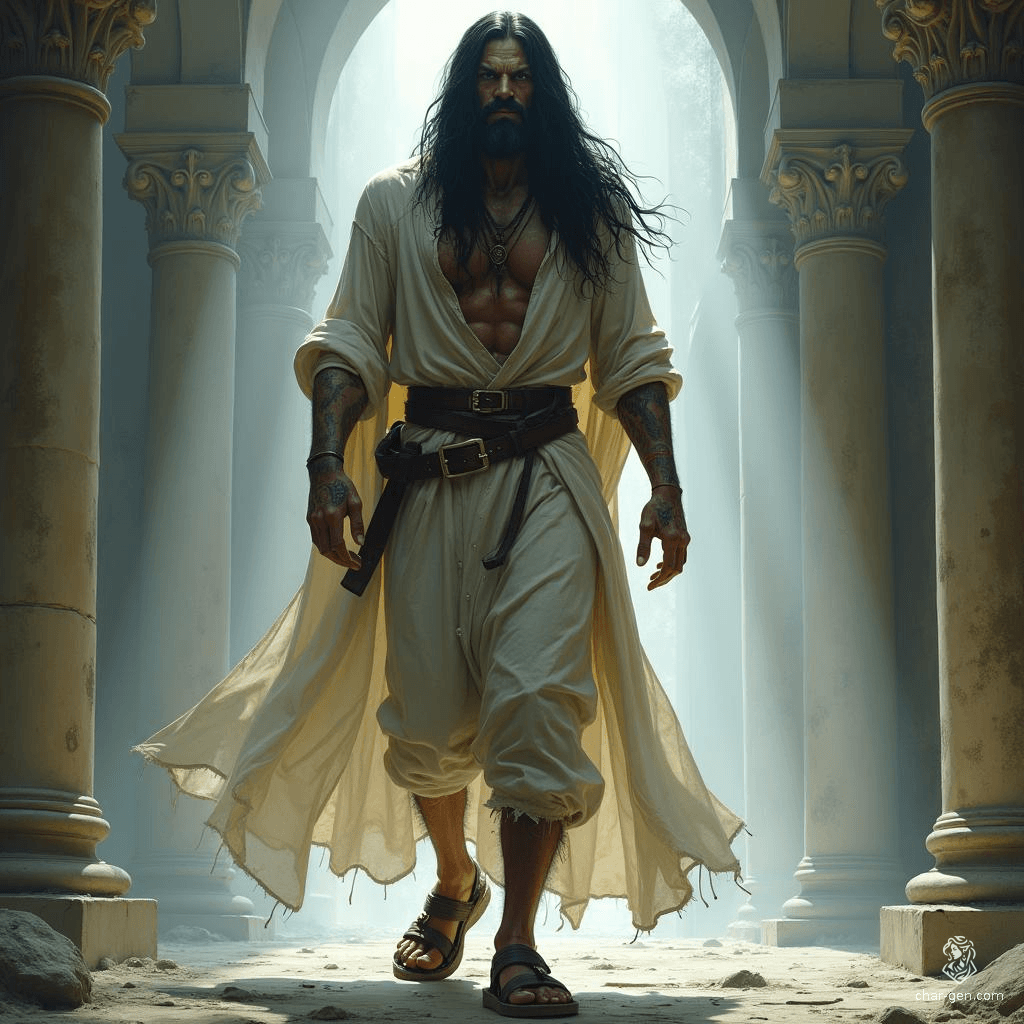 A tall, ragged prisoner, clad in tattered garments and leather sandals, exudes an ethereal aura. With long black hair framing an angry visage, he embodies a haunting blend of magnificence and magic, capturing the viewer's imagination in a painterly, otherworldly realm of fantasy.