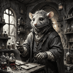 Grizzle, a savvy male ratfolk shopkeeper, thrives in his bustling market. With a rat-like visage, frizzy fur, and intricate goggles, he expertly crafts mechanical devices while bartering various goods. His medium skin tone complements his keen intellect, making him a beloved figure among adventurers and villagers alike.
