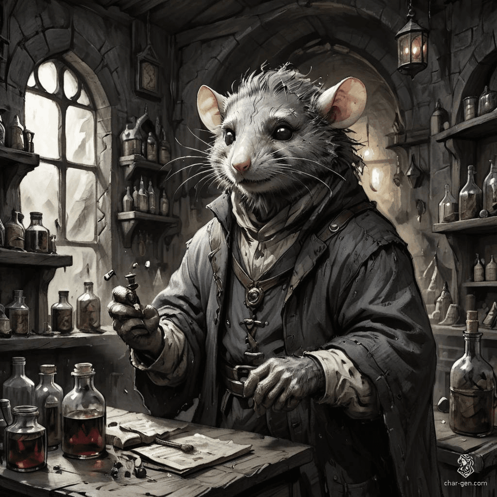 Grizzle, a savvy male ratfolk shopkeeper, thrives in his bustling market. With a rat-like visage, frizzy fur, and intricate goggles, he expertly crafts mechanical devices while bartering various goods. His medium skin tone complements his keen intellect, making him a beloved figure among adventurers and villagers alike.