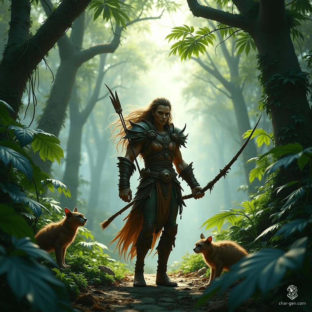 A Spiritborn Druid and agile warrior, this 25-year-old Wood Elf wields a glaive with grace. Adorned in intricate hides, he summons powerful spirit guardians from the jungle—eagles, jaguars, and gorillas—channeling their strength and wisdom in both combat and nature’s defense.