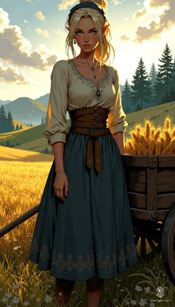 A modest Slavic farmer woman, with ash blonde hair and soft grey-blue eyes, stands confidently beside her wooden cart of freshly harvested wheat. Dressed in a beautifully embroidered linen blouse and long woolen skirt, she embodies resilience against a misty, sunrise backdrop of rolling fields and dense pine forests.