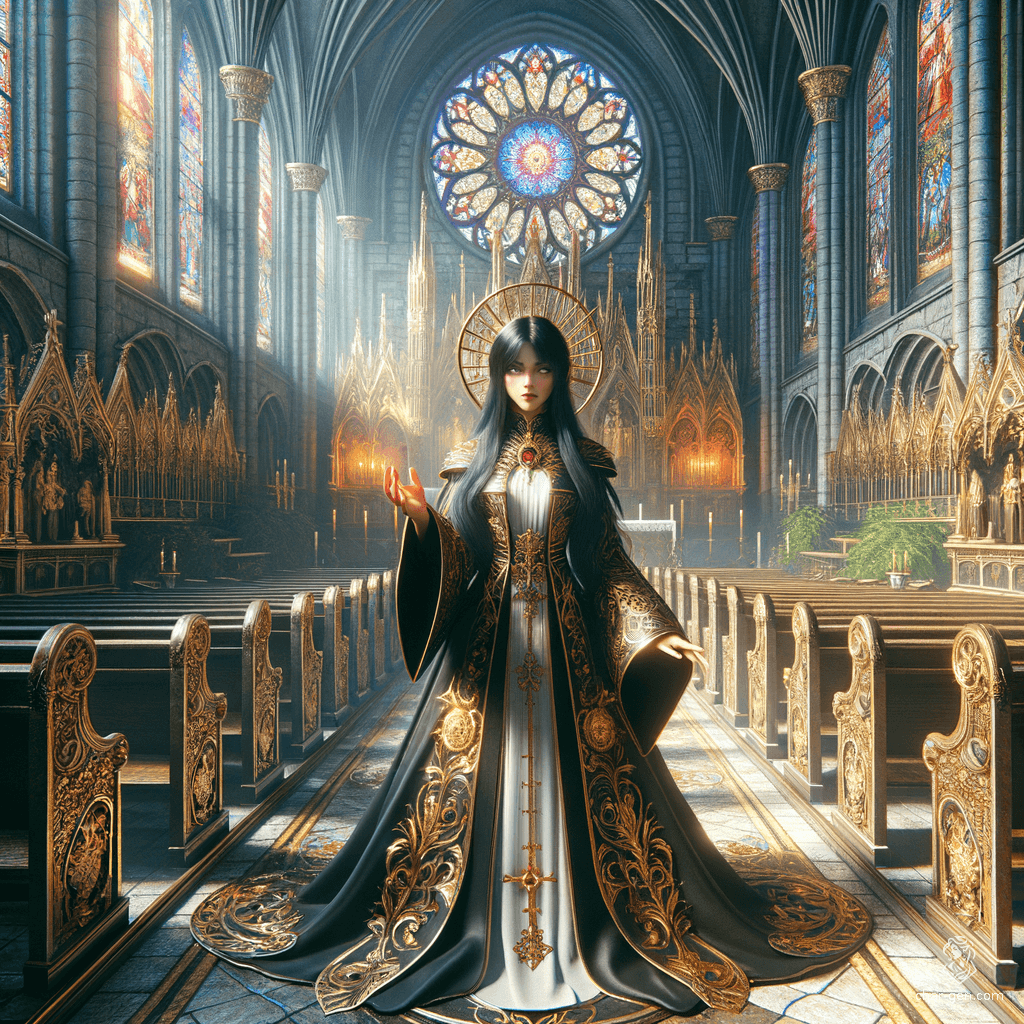 Szatha is an 18-year-old female aasimar cleric with jet black skin and black hair, radiating a subtle angelic glow. Standing at 5'10" and weighing 136 lbs, she is extremely wise and charming, with unusual black-colored eyes and a serene demeanor highlighted by her prominent holy symbol.