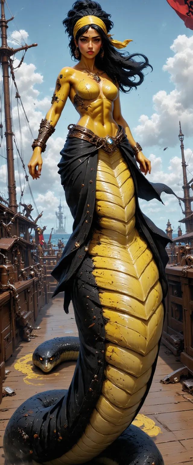 A striking yellow-skinned female naga pirate, her serpentine body adorned with intricate tattoos and jewels. With a pixie-cut black mane and hypnotic yellow eyes beneath a tricorn hat, she wields a cutlass confidently, exuding a magical aura as she commands her ship in pursuit of treasure.