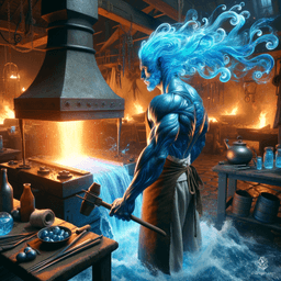 A middle-aged male water genasi, with dark blue, flowing river-like skin and sea foam hair, emanates aquatic nebula effects. He stands muscular amidst anvils and hammers, attired in simple clothes and a leather apron, diligently working as a blacksmith.