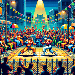 Set in a retro, action-packed yard, vibrant colors and strong outlines bring to life a crowd of cheering spectators surrounding two dynamic fighters, locked in exaggerated poses, capturing the essence of classic arcade excitement.