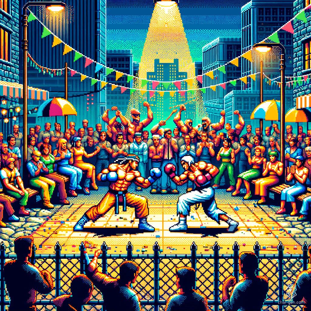 Set in a retro, action-packed yard, vibrant colors and strong outlines bring to life a crowd of cheering spectators surrounding two dynamic fighters, locked in exaggerated poses, capturing the essence of classic arcade excitement.