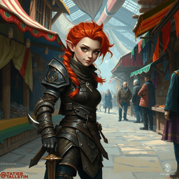 Kaelin Sornin is a 26-year-old Lightfoot Halfling rogue known for her nimble movement and stealthy demeanor. With slightly tanned, freckled skin, bright brown eyes, and voluminous red hair adorned with braids, she exudes an aura of mischievous charm. Raised as an orphan, Kaelin turned to a life of crime and espionage to support her adoptive family. Clad in intricately detailed leather armor and wielding a prominently held dagger, she is fiercely loyal to her friends but morally complex, harboring secrets that test her sense of redemption.