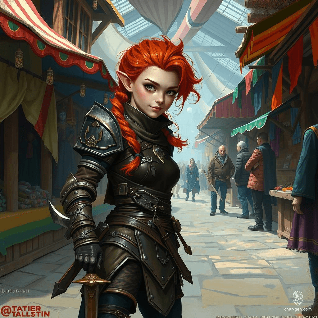 Kaelin Sornin is a 26-year-old Lightfoot Halfling rogue known for her nimble movement and stealthy demeanor. With slightly tanned, freckled skin, bright brown eyes, and voluminous red hair adorned with braids, she exudes an aura of mischievous charm. Raised as an orphan, Kaelin turned to a life of crime and espionage to support her adoptive family. Clad in intricately detailed leather armor and wielding a prominently held dagger, she is fiercely loyal to her friends but morally complex, harboring secrets that test her sense of redemption.