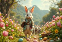 In a whimsical world painted in pastel hues, a youthful harengon courier with soft, bright white fur and oversized ears flits about, her satchel swinging. With an adventurous spirit and a dash of mischief, she embraces her family's quirky legacy of delivering Easter joy, one egg at a time.