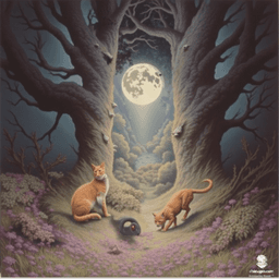 In a magical forest clearing, a lively group of five orange and white tabby cats weaves gracefully through a sea of vibrant purple and white wildflowers. Their distinct orange fur, with a unique skin texture, contrasts beautifully with the blooming colors, enchanting all who behold them.