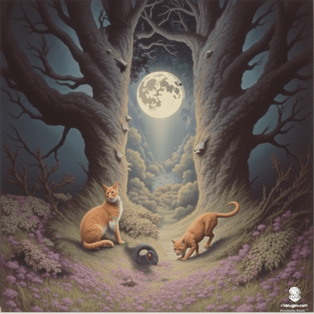In a magical forest clearing, a lively group of five orange and white tabby cats weaves gracefully through a sea of vibrant purple and white wildflowers. Their distinct orange fur, with a unique skin texture, contrasts beautifully with the blooming colors, enchanting all who behold them.