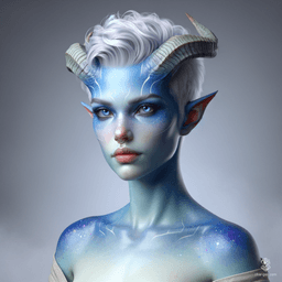 A striking female Tiefling with light blue skin and uniquely styled white hair, shaved on one side and cropped short. Her curvy figure is accentuated by her dramatic horns, exuding an aura of strength and enchantment in stunning, photorealistic detail.
