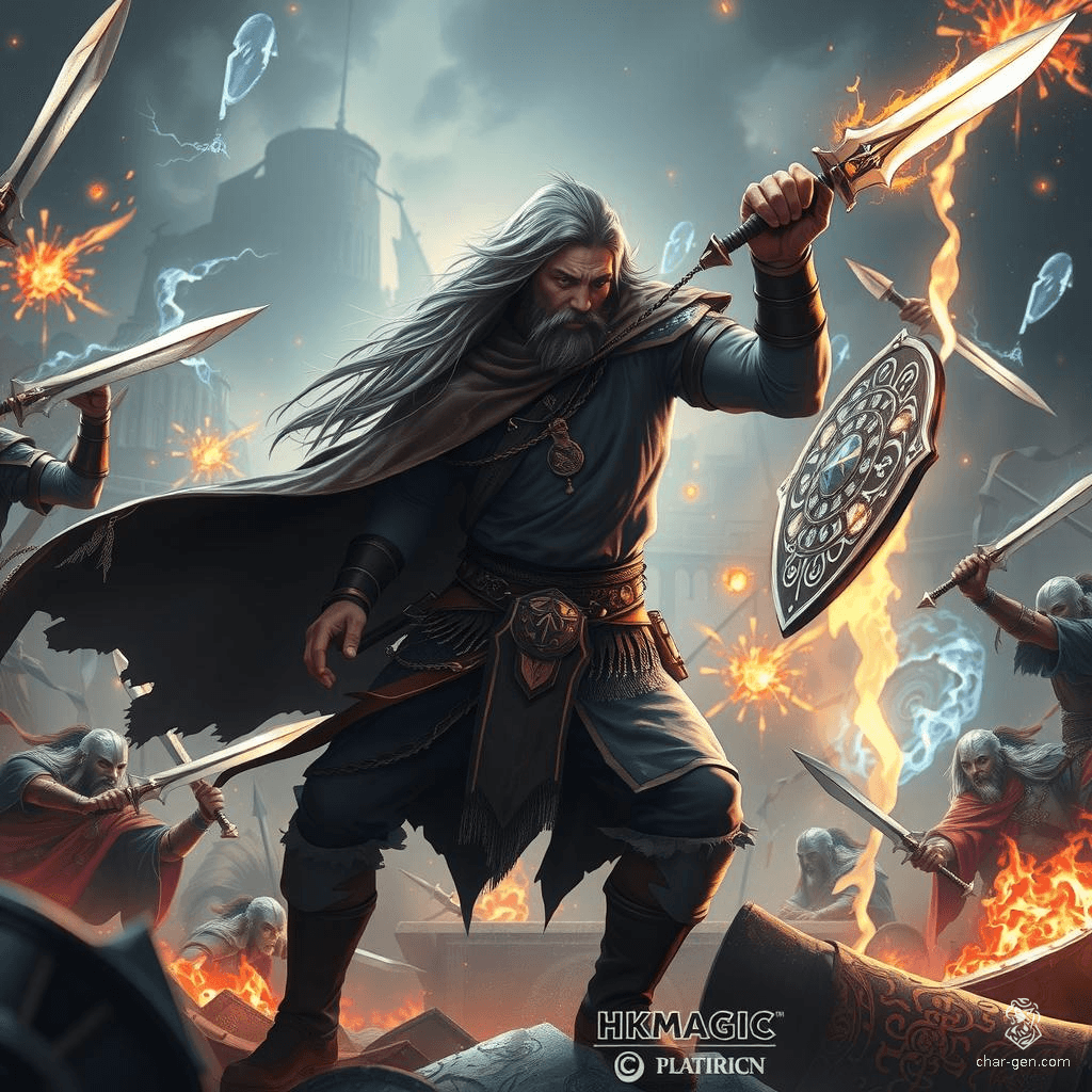 Valakhad, a tall, slim male Kalashtar, wields both a magical tome and staff. Orphaned young, he became a skilled soldier in Baldur's Gate. Intelligent and wise, with enchanted garments and a dagger in his strong grip, he discovered his magical potential thanks to his friendship with an elf mage, Qibella.