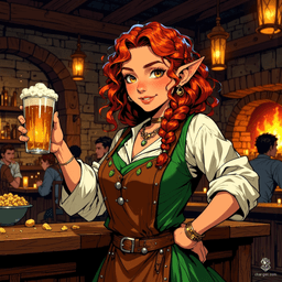 Mira Goldleaf, a charming halfling tavern keeper, welcomes all to her bustling tavern with a bright smile and sparkling hazel eyes. With her curly auburn hair, she weaves tales of adventure while serving hearty meals, creating a warm, inviting atmosphere that feels like home to every patron.
