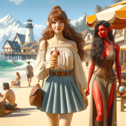 Zusa, a 27-year-old Autumn Elf druid, stands 5'4" with fair, soft pale skin, milk tea brown hair, and deep-set pink eyes. Notably wise and noble, she wields a dagger and sports a detailed shield. Zusa, in love with Parish, a tall female Tiefling, enjoys sunny days hand in hand, smiling with ice cream.