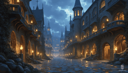 Westcrown, cloaked in twilight's stormy embrace, reveals its faded elegance. Intricate stone facades, weathered by time, rise from winding canals that serpent through deserted plazas. Rusted ironwork clings to ornate balconies, whispering tales of a once-vibrant city, now steeped in an ethereal, mystical atmosphere.