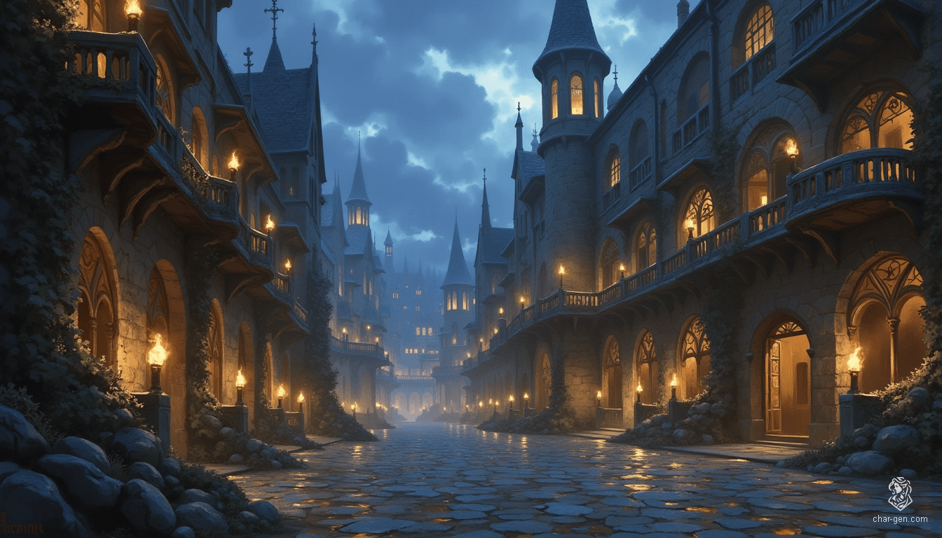 Westcrown, cloaked in twilight's stormy embrace, reveals its faded elegance. Intricate stone facades, weathered by time, rise from winding canals that serpent through deserted plazas. Rusted ironwork clings to ornate balconies, whispering tales of a once-vibrant city, now steeped in an ethereal, mystical atmosphere.