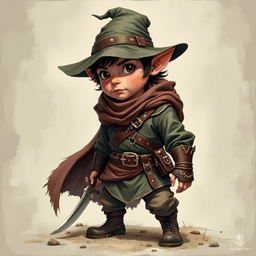 Meet Fennel Greenfoot, a nimble halfling thief with quick fingers and sharper instincts. Clutching a gleaming dagger, his mischievous grin hints at a life of daring escapades. Highly resourceful and ever-elusive, he dances through shadows, blending charm and cunning in the bustling markets of his homeland.