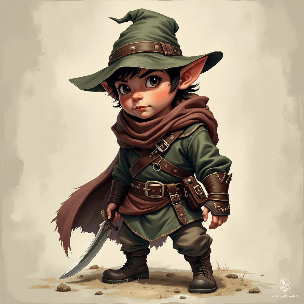 Meet Fennel Greenfoot, a nimble halfling thief with quick fingers and sharper instincts. Clutching a gleaming dagger, his mischievous grin hints at a life of daring escapades. Highly resourceful and ever-elusive, he dances through shadows, blending charm and cunning in the bustling markets of his homeland.