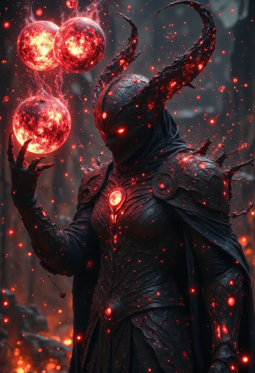 In a realm of shadows, the entity stands cloaked in ethereal darkness, its piercing gaze illuminated by a haunting light. With intricate patterns etched into its skin, it embodies a blend of grace and menace, commanding both fear and fascination in the heart of every beholder.