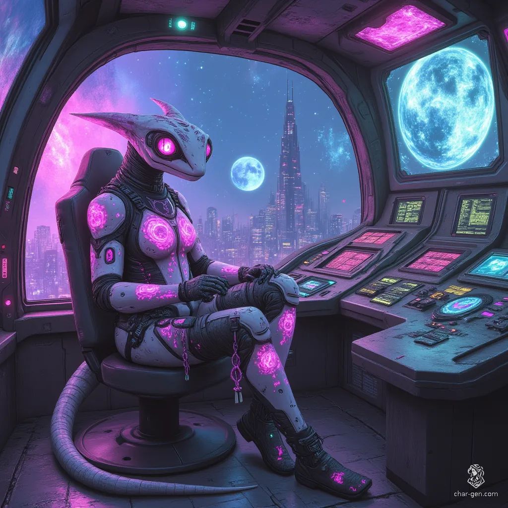 Meet Zylix, an anthropomorphic gecko pilot from the Traveller universe. Dressed in a glowing, customized flight suit, Zylix skillfully navigates their sleek starship, the vibrant nebula outside reflecting in their watchful eyes. Their long tail balances them expertly in the cockpit, showcasing both agility and confidence.
