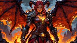 A powerful sorceress enveloped in flame-bound armor crackles with raw energy. Her smoldering skin-tight ensemble and flowing red hair embody fire's essence. Wielding a staff with a molten core amidst smoke and embers, she radiates destructive beauty in a vibrant, anime-inspired illustration.