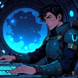 Jaxon Voss, a tall, lean astrogator, commands the cockpit with sharp green eyes and short black hair. Clad in a high-tech flight suit adorned with navigation insignias, he deftly navigates through hyperspace alongside a glowing astrogation device, embodying precision and expertise among the stars.