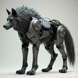 The mechanical dire wolf is a formidable creature crafted from sleek grey metal, its body adorned with intricate gears and glowing blue highlights. Agile and fearsome, it prowls the night with glowing red eyes, merging the primal ferocity of nature with the cold precision of machinery.