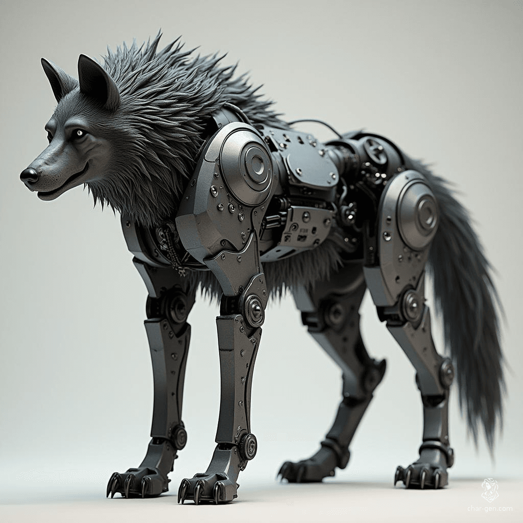 The mechanical dire wolf is a formidable creature crafted from sleek grey metal, its body adorned with intricate gears and glowing blue highlights. Agile and fearsome, it prowls the night with glowing red eyes, merging the primal ferocity of nature with the cold precision of machinery.