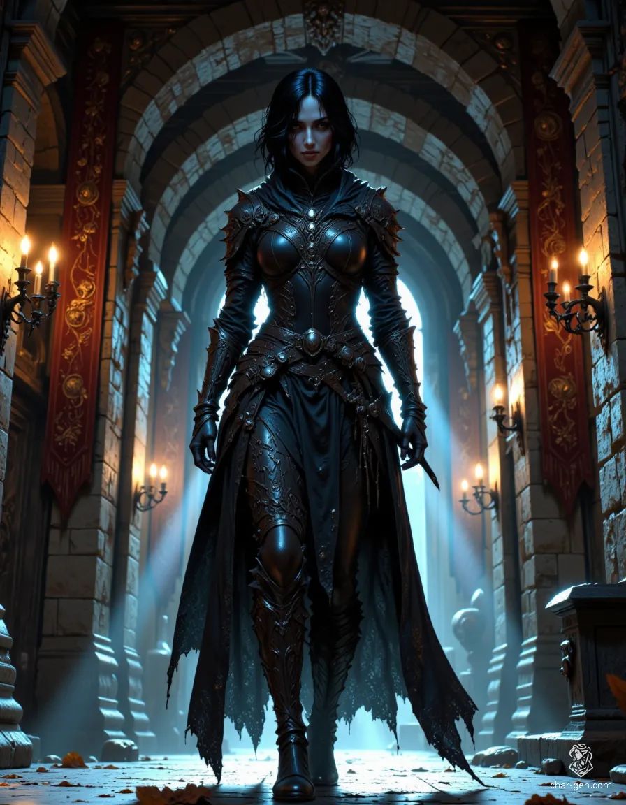In the depths of a shadowy castle, a young female assassin glides effortlessly through the night. Her jet-black bob frames a pale face, accentuated by form-fitting leather armor that highlights her curvy figure. With daggers hidden expertly on her person, she embodies both beauty and danger.