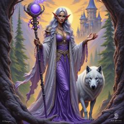 A mystical elf sorceress radiates elegance with her flowing silver hair accented in purple. Dressed in a stunning white and purple gown, she wields a crescent moon-topped staff. Her piercing violet eyes and the ethereal white wolf by her side amplify her otherworldly charm and magical prowess.