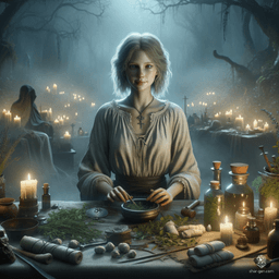 Centered in frame is a pale-skinned, 13-year-old female cleric with blonde hair. Despite her simple, dirty white clothes, she exudes a serene demeanor, marked by a prominent holy symbol. She tirelessly tends to the sick and wounded among herbs, bandages, and potions, her delicate smile a beacon of hope.