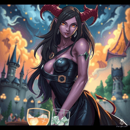A tall and striking female Tiefling with deep violet skin and glowing amber eyes, her elegant horns adorned with silver rings. Her long, black hair cascades down in loose waves, framing her angular face. She wears a black leather bodice and a flowing skirt, expertly mixing drinks with her slender fingers.