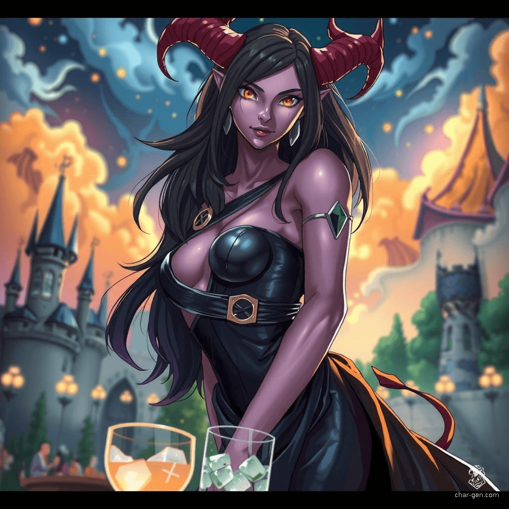 A tall and striking female Tiefling with deep violet skin and glowing amber eyes, her elegant horns adorned with silver rings. Her long, black hair cascades down in loose waves, framing her angular face. She wears a black leather bodice and a flowing skirt, expertly mixing drinks with her slender fingers.