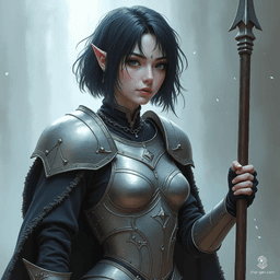 A formidable female shadar kai elf, she boasts short raven black hair and milky white skin, her coal-black eyes piercing through the darkness. Clad in gleaming silver full plate armor, she wields a spear and shield, embodying elegance and strength in battle.