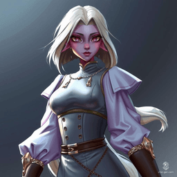 A slender, middle-aged Moon Elf spy with dark purple skin and flowing white hair, dressed in tight-fitted, silvery shimmering noble medieval clothing. Her realistic anime art style exudes grace and mystery, perfect for her covert adventures.