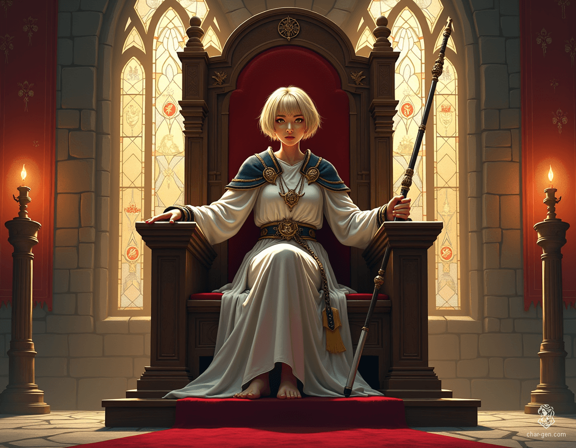 Loralyn, a serene Aasimar monk and baroness, commands her throne room with ethereal grace. Her radiant golden eyes and celestial glow reflect her divine heritage. Clad in modest robes adorned with sacred symbols, she wields a glowing quarterstaff, embodying both wisdom and unwavering resolve.