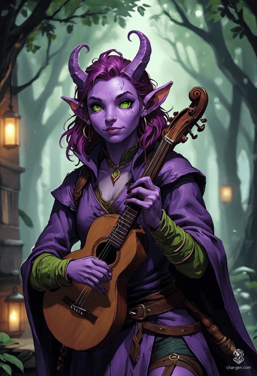 Lyrica Chantenuit is a charming 25-year-old tiefling bard with striking purple skin and rich plum hair. Armed with her magical lute, she enchants audiences with expressive gestures, her nimble frame reflecting her soldier's training. With piercing green eyes, she captivates hearts while wrestling with her devilish heritage.