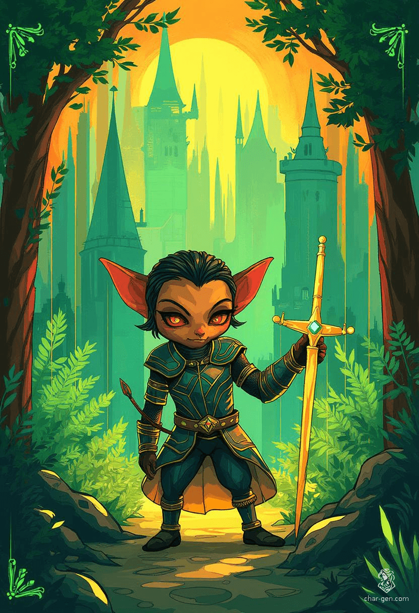 Bittles is a nimble goblin rogue, with a sly grin and a glint of mischief in their bright, green eyes. Their intricately detailed leather armor hugs their small frame, while a slender, green-gemmed dagger gleams in their strong grip, ready for any challenge.