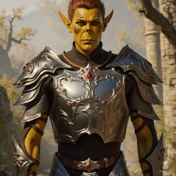 A tall, gaunt githyanki warrior, clad in gleaming plate armor, exudes an imposing presence. His rough, dirty yellow skin contrasts with russet hair tied in a topknot, while his Voldemort-like skull nose adds an eerie aura to his formidable visage.