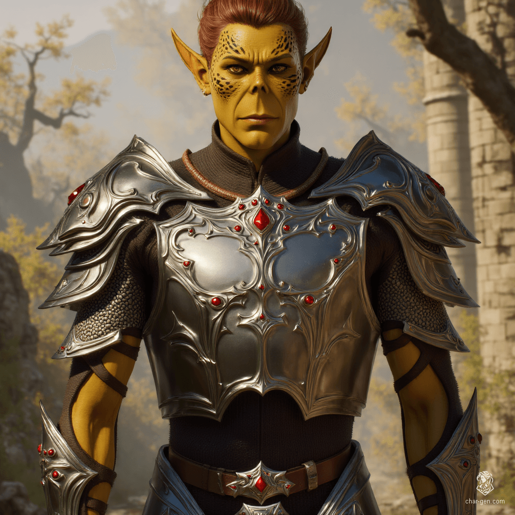 A tall, gaunt githyanki warrior, clad in gleaming plate armor, exudes an imposing presence. His rough, dirty yellow skin contrasts with russet hair tied in a topknot, while his Voldemort-like skull nose adds an eerie aura to his formidable visage.