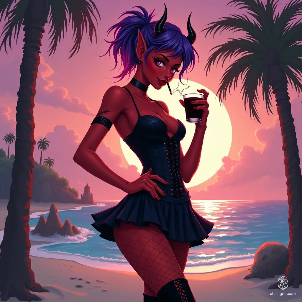 A vivacious young tiefling flaunts her striking red skin and devilish horns as she dances at a nightclub. Her vivid violet and blue mohawk glows softly, complementing her edgy goth attire. With a mischievous grin, a cigarette in one hand and a dark drink in the other, she exudes an irresistible charm.