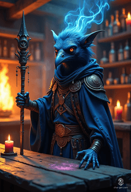Krackle Brightbeak is a charming, short, avian sorcerer with a distinctive blue skin and raven-like features. Standing at just 3'9", he wields a quarterstaff, adorned in a magical, illusion-shifting cloak, embodying both stealth and unpredictable magic. A skilled spy, he's as hardy as he is intelligent.