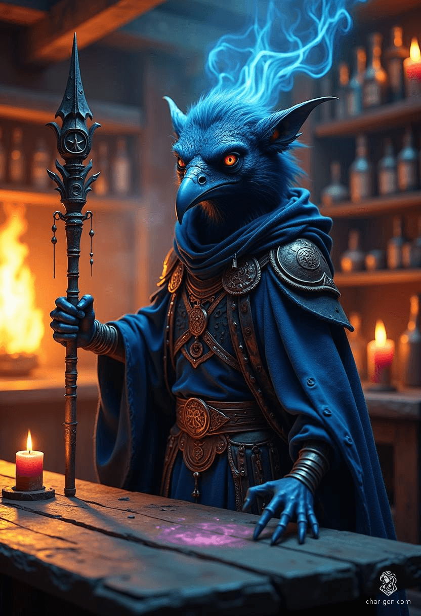 Krackle Brightbeak is a charming, short, avian sorcerer with a distinctive blue skin and raven-like features. Standing at just 3'9", he wields a quarterstaff, adorned in a magical, illusion-shifting cloak, embodying both stealth and unpredictable magic. A skilled spy, he's as hardy as he is intelligent.