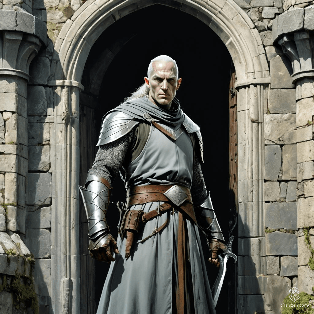 A vigilant, grey-skinned Ranger with fluid gender identity, sharp eyes, and balding hair. Clad in chainmail, they guard city gates or patrol streets, standing alongside soldiers in battered armor with bright red armbands and ranks, weapons always at the ready.