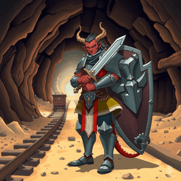 Eremiel, a 17-year-old male Tiefling Paladin, exudes a dignified aura with red skin, yellow eyes, and jet-black hair. Raised in a church after being found as an orphan, he is extremely wise, charming, and a pacifist devoted to his deity. Eremiel wields a longsword and carries a distinctive protective shield, embodying faith and protection.