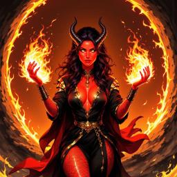 A mesmerizing tiefling warlock, her crimson skin illuminated by hellfire, stands confidently in black and gold robes that accentuate her curves. With smoldering horns and golden tattoos, she commands the chaotic energy of an infernal portal, drawing a shadowy figure from the abyss.